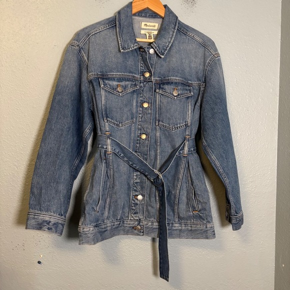 Madewell Women Oversized Trucker Jean Jacket Belted Sz Medium Denim Fall Preppy - Picture 4 of 13